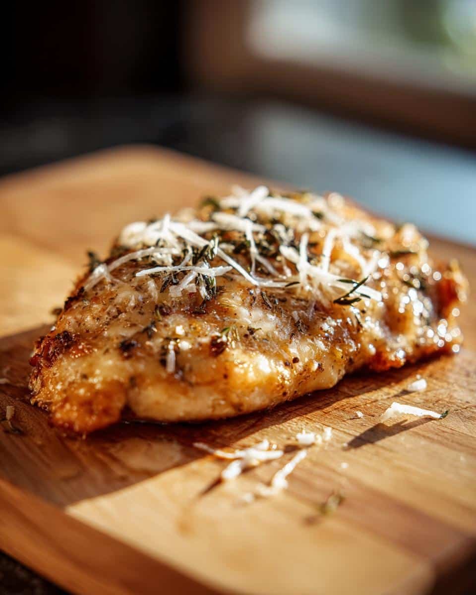 Hate Dry Chicken? Melt In Your Mouth Chicken Breast Solves 8 Close-up of a golden Melt In Your Mouth Chicken Breast topped with cheese and herbs on a wooden board.