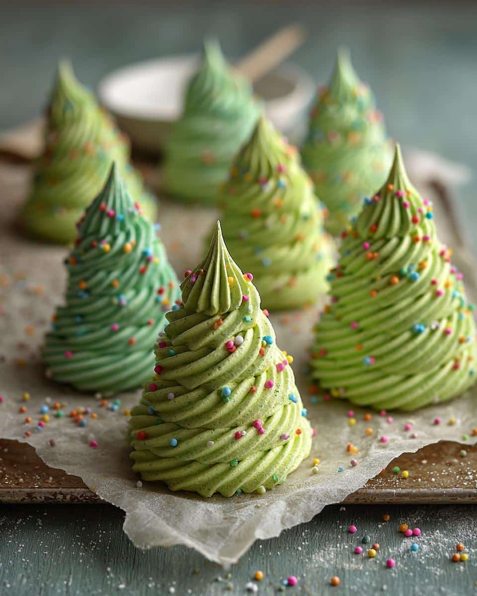 Fail-Proof Meringue Trees Recipe: Zero Cracks Guaranteed 6 Close-up of green Meringue Trees decorated with colorful sprinkles, arranged on parchment paper.