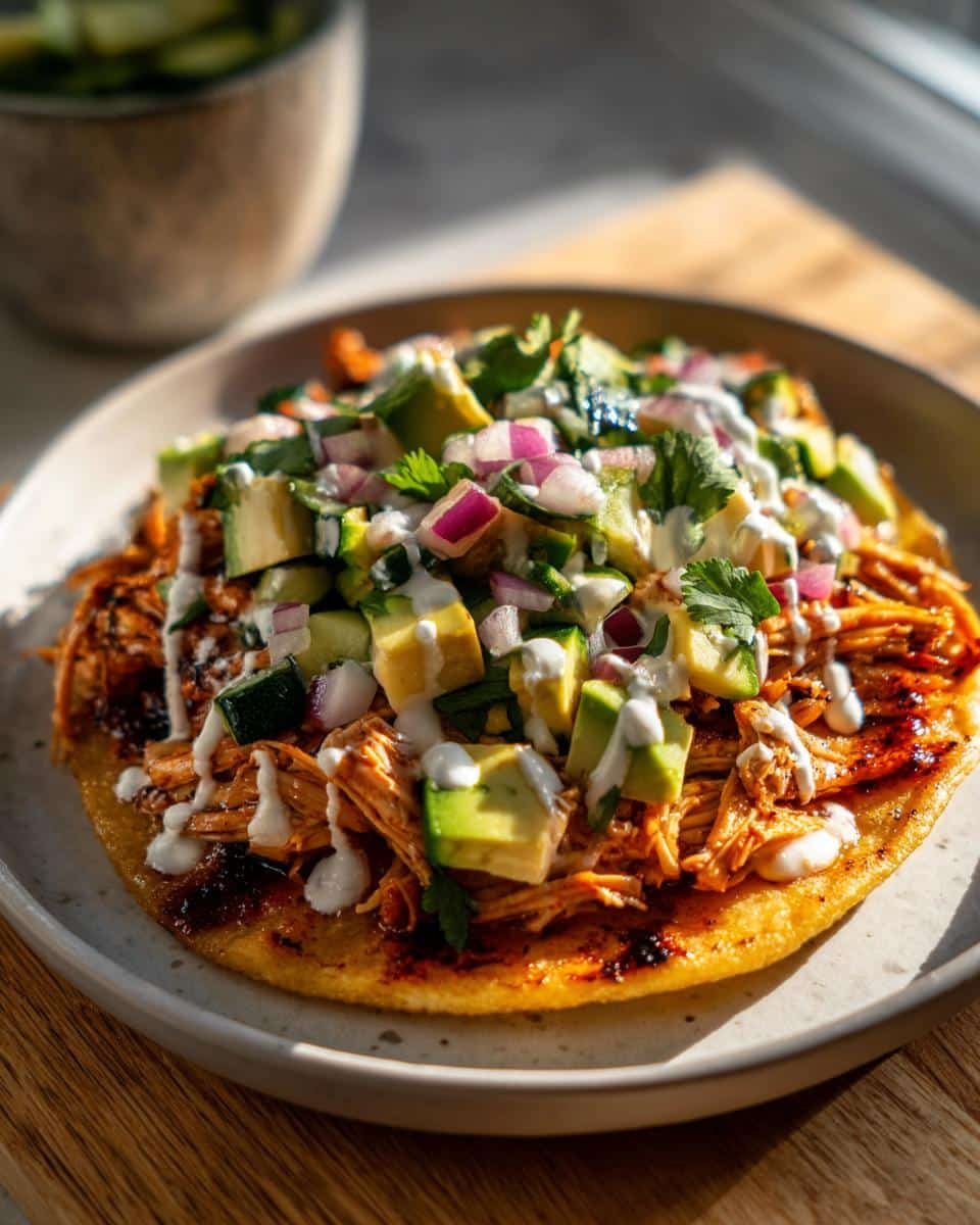 Devour 1 Mexican Rotisserie Chicken Tostadas with Zucchini 9 A single Mexican Rotisserie Chicken Tostada with Zucchini, avocado, red onion, and a creamy sauce on a plate.