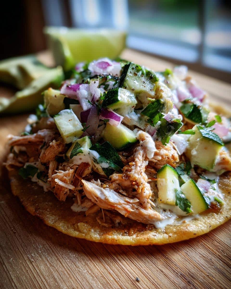 Devour 1 Mexican Rotisserie Chicken Tostadas with Zucchini 6 A single Mexican Rotisserie Chicken Tostada with Zucchini, topped with red onion and herbs.