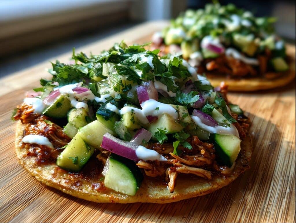 Two Mexican Rotisserie Chicken Tostadas with Zucchini, topped with fresh herbs and a creamy sauce.