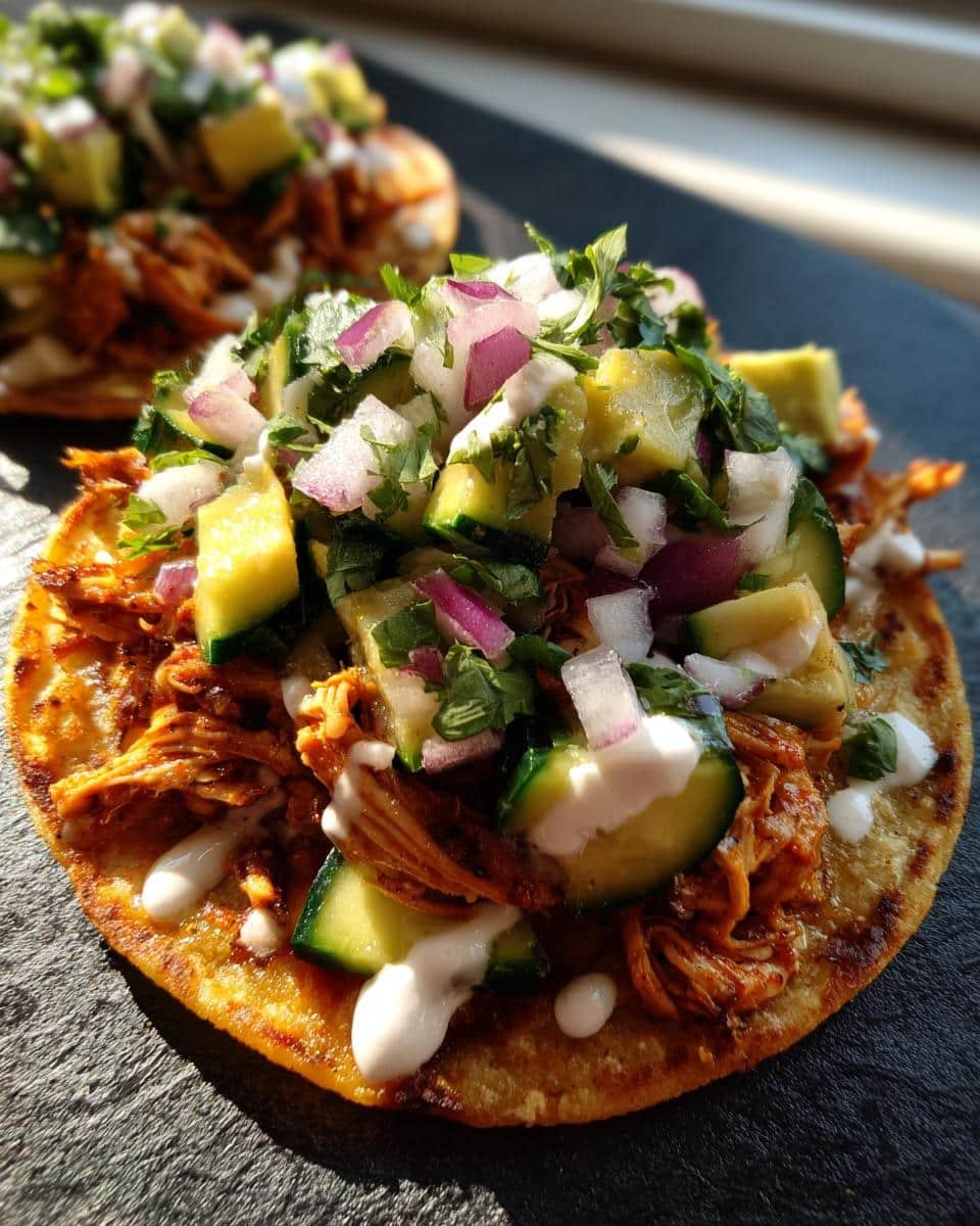Devour 1 Mexican Rotisserie Chicken Tostadas with Zucchini 7 Close-up of Mexican Rotisserie Chicken Tostadas with Zucchini, topped with red onion and cilantro.