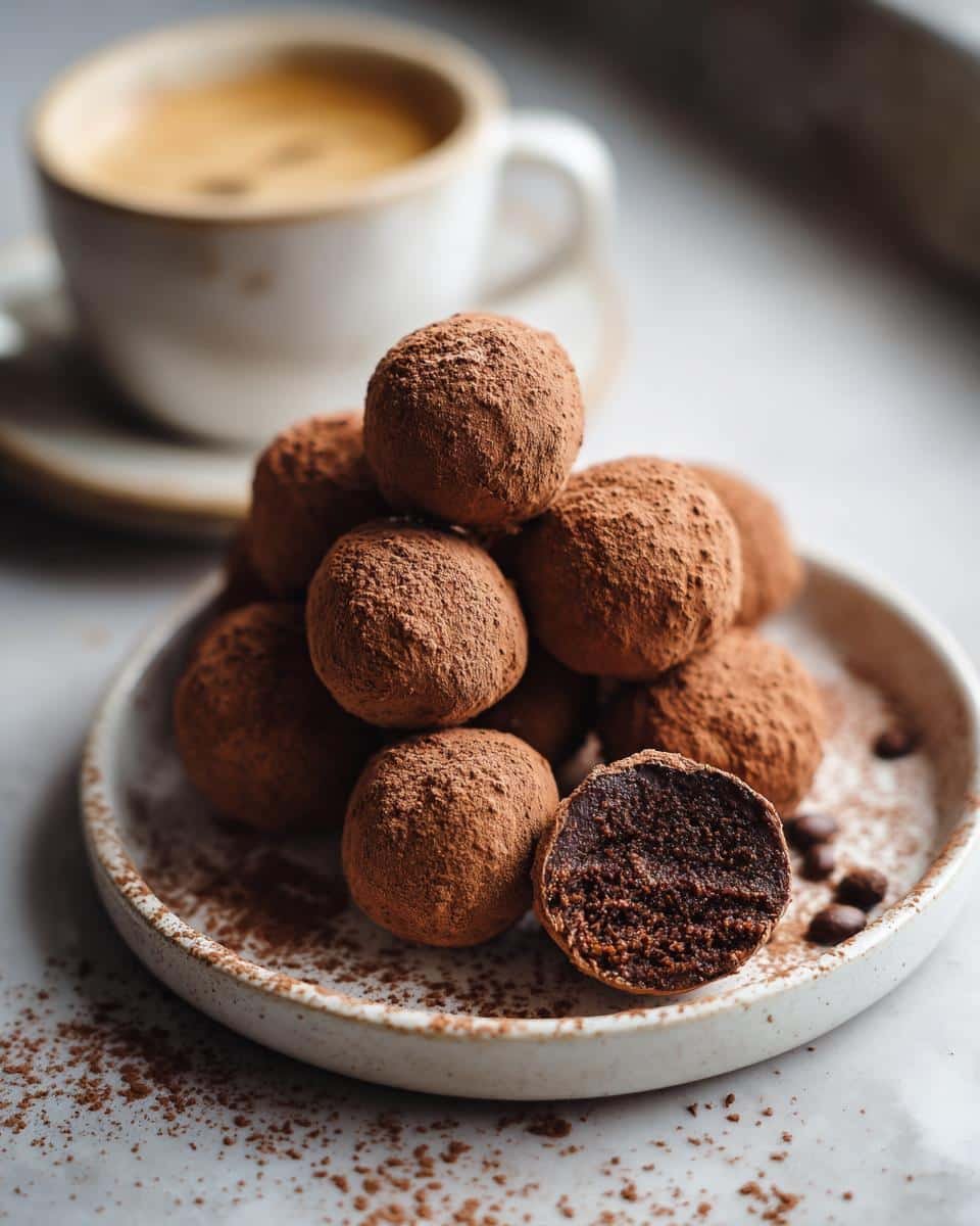 Sinful Mini Tiramisu Truffles Recipe in 7 Steps 7 A plate of Mini Tiramisu Truffles dusted with cocoa powder, with one truffle cut in half to show the inside, and a cup of coffee.