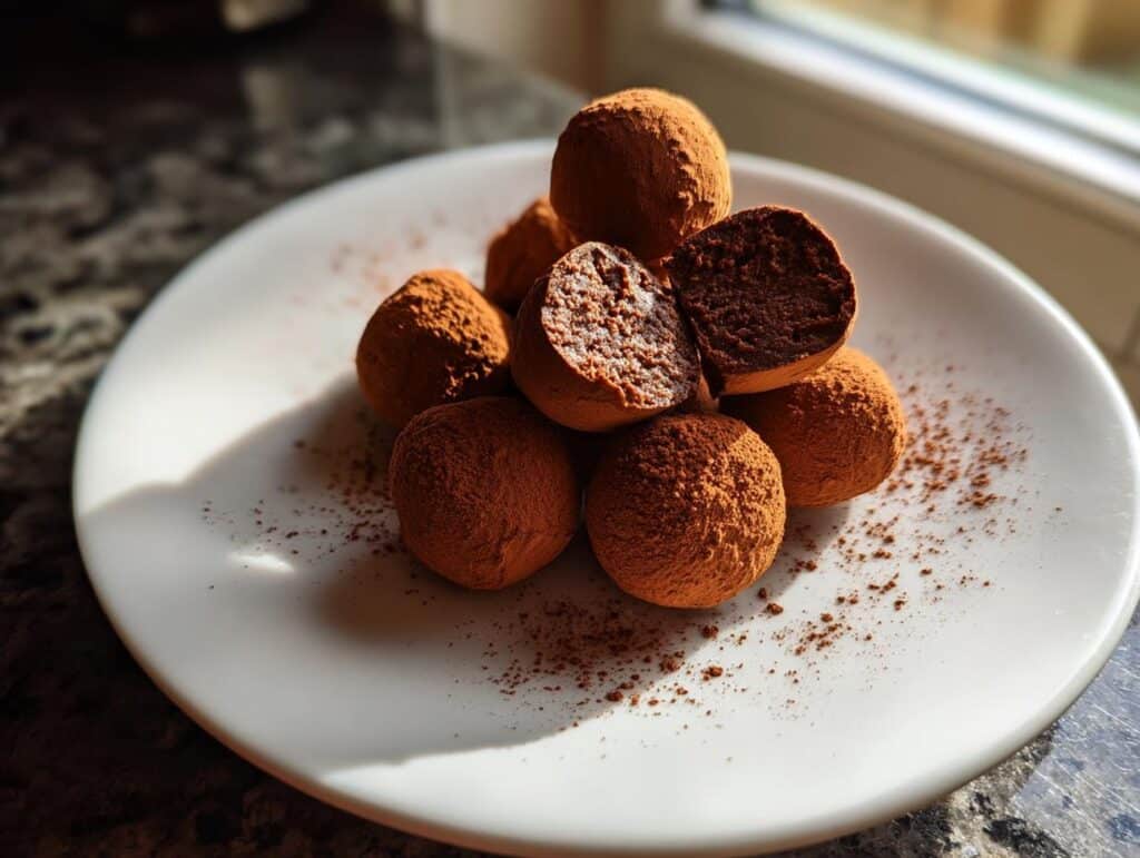 A plate of homemade Mini Tiramisu Truffles, dusted with cocoa powder, one cut in half to show the inside.