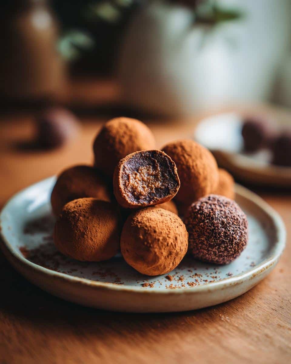 Sinful Mini Tiramisu Truffles Recipe in 7 Steps 8 A plate of Mini Tiramisu Truffles, one cut in half to show the creamy center, dusted with cocoa powder.