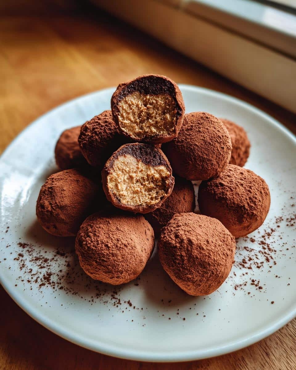 Sinful Mini Tiramisu Truffles Recipe in 7 Steps 6 A stack of Mini Tiramisu Truffles, dusted with cocoa powder, with one truffle cut in half to show the inside.