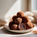 A stack of Mini Tiramisu Truffles coated in cocoa powder, one cut in half to show the inside.