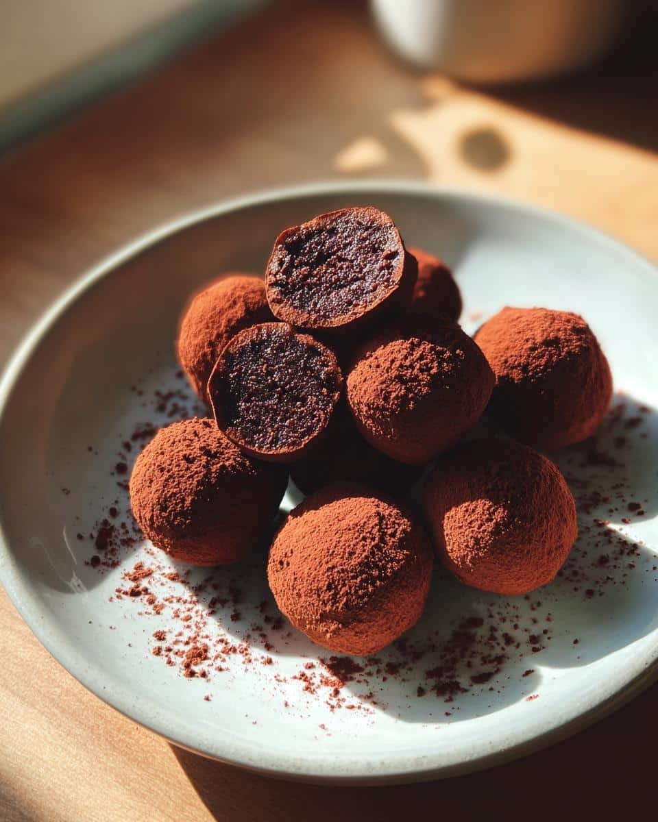 Sinful Mini Tiramisu Truffles Recipe in 7 Steps 9 A stack of Mini Tiramisu Truffles coated in cocoa powder, with one truffle cut in half to show the inside.