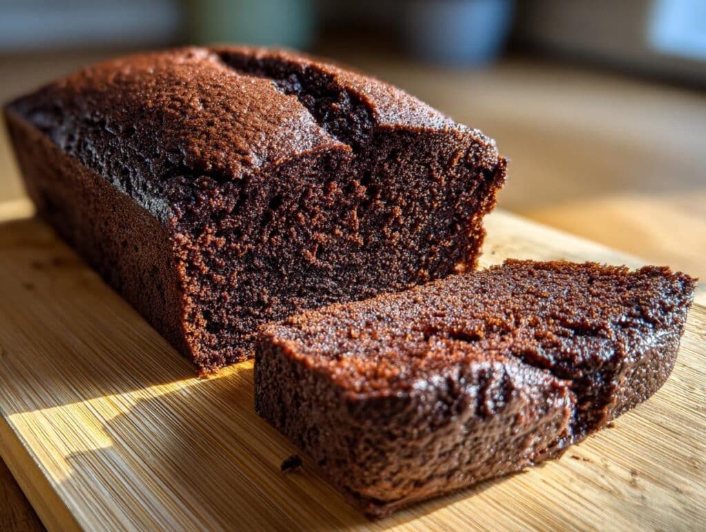 A freshly baked Moist Chocolate Loaf Cake with a slice cut, sitting on a wooden board.
