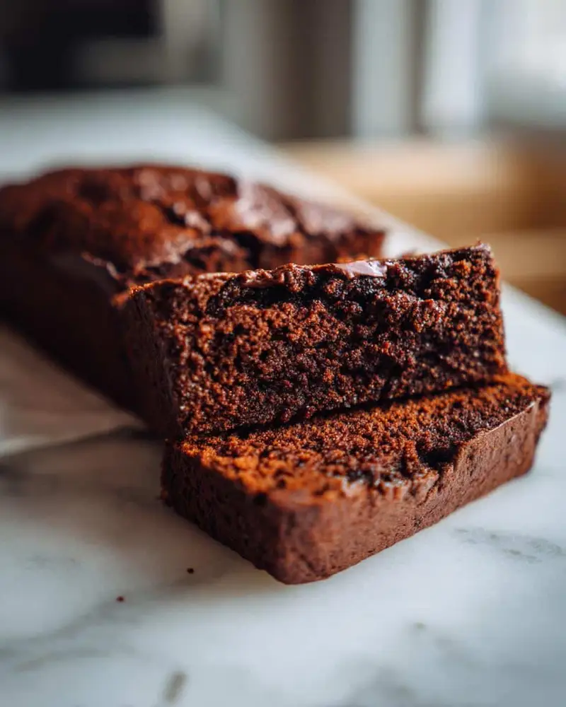 Failproof Moist Chocolate Loaf Cake: 1 Secret Trick 6 Close-up of slices of a rich, dark Moist Chocolate Loaf Cake on a marble surface.