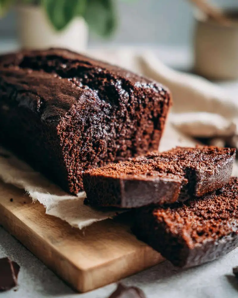Failproof Moist Chocolate Loaf Cake: 1 Secret Trick 7 Slices of a rich, dark Moist Chocolate Loaf Cake arranged on a wooden board with parchment paper.
