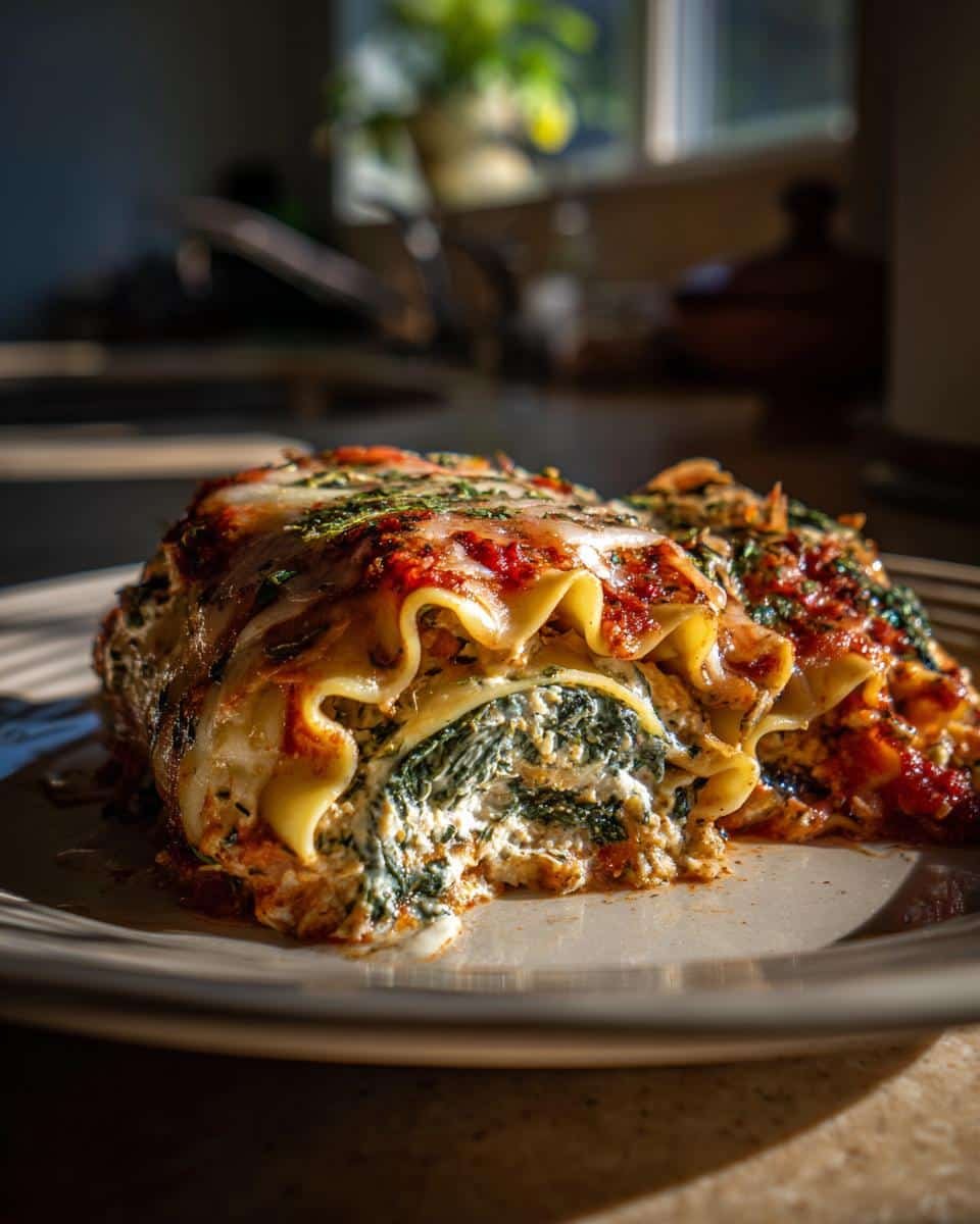 Heavenly Mushroom and Spinach Lasagna Rolls in 20 Minutes 6 Close-up of a Mushroom and Spinach Lasagna Roll, showcasing layers of pasta, spinach, mushrooms, cheese, and tomato sauce.