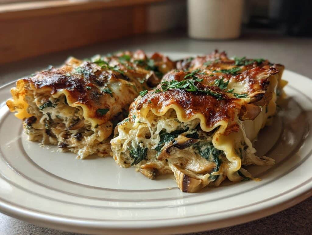 Delicious Mushroom and Spinach Lasagna Rolls plated and ready to serve, topped with fresh herbs.