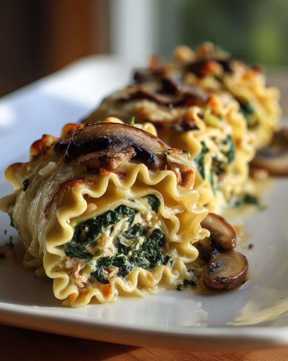 Heavenly Mushroom and Spinach Lasagna Rolls in 20 Minutes 7 Close-up of Mushroom and Spinach Lasagna Rolls on a white plate, topped with sauteed mushrooms.