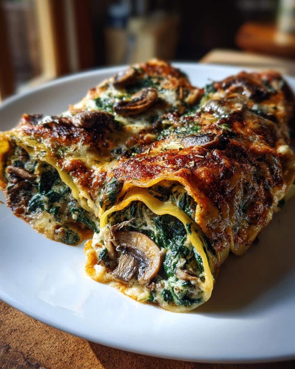 Heavenly Mushroom and Spinach Lasagna Rolls in 20 Minutes 9 Delicious Mushroom and Spinach Lasagna Rolls on a white plate, filled with spinach and mushroom.