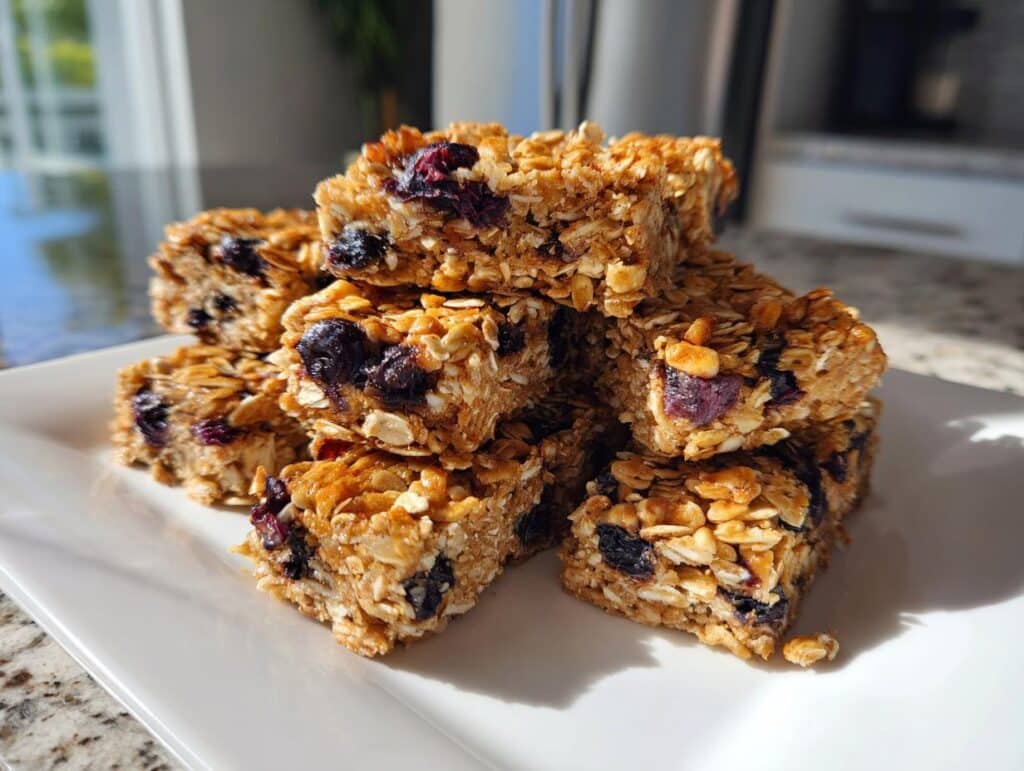 A stack of delicious No Bake Blueberry Oat Bars on a white plate, showing the blueberries and oat texture.