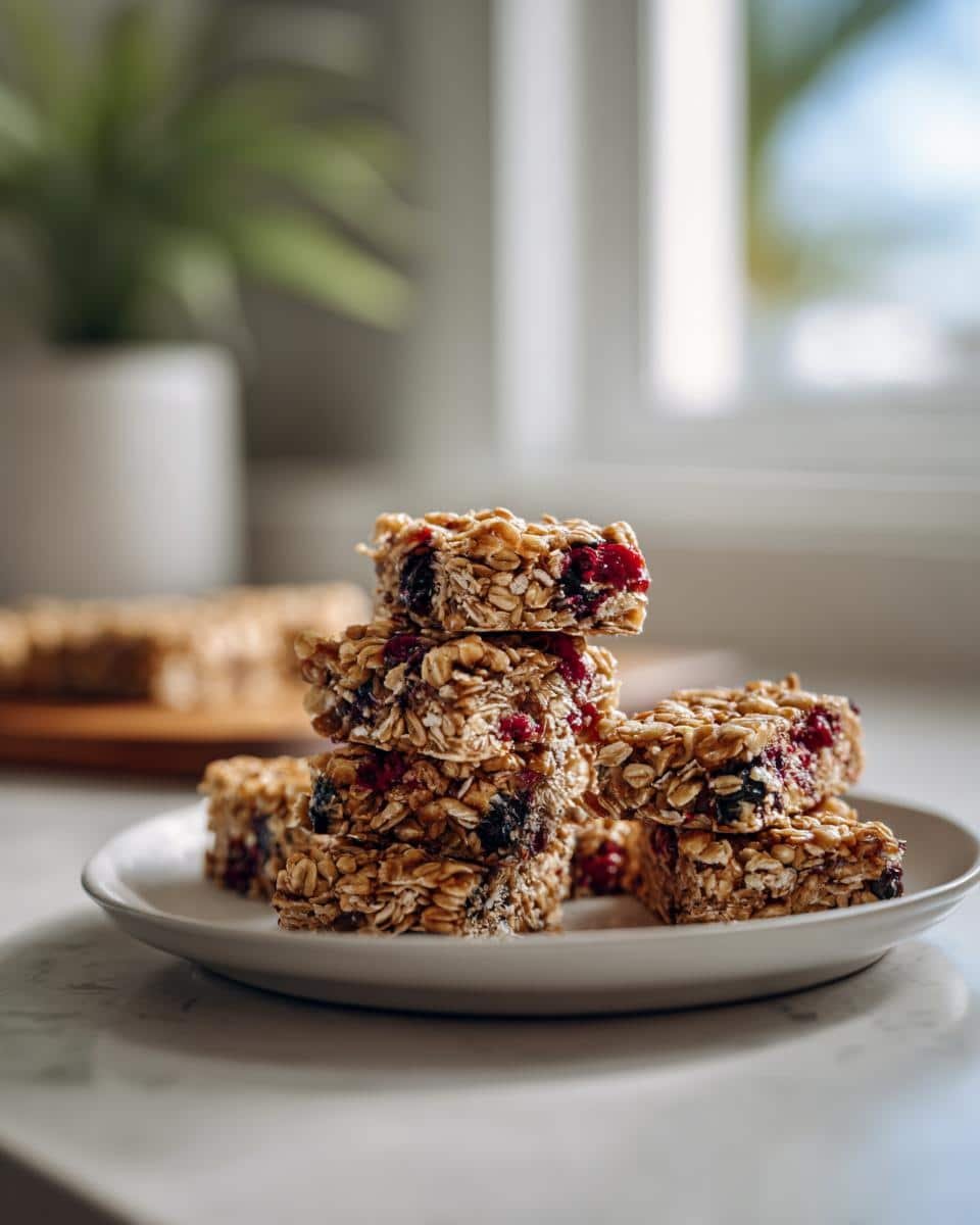 Irresistible No Bake Blueberry Oat Bars in Just 2 Hours 6 A stack of delicious No Bake Blueberry Oat Bars on a white plate, showcasing the oats and blueberries.