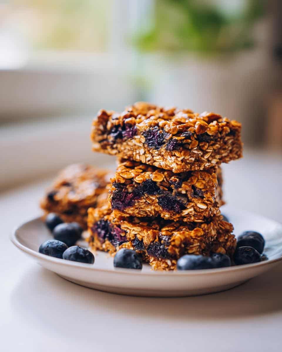 Irresistible No Bake Blueberry Oat Bars in Just 2 Hours 7 A stack of homemade No Bake Blueberry Oat Bars on a plate, garnished with fresh blueberries.
