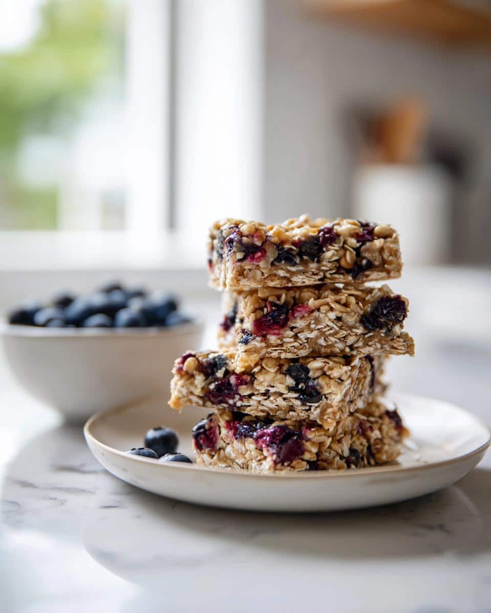 Irresistible No Bake Blueberry Oat Bars in Just 2 Hours 8 A stack of delicious No Bake Blueberry Oat Bars on a plate, with a bowl of fresh blueberries in the background.
