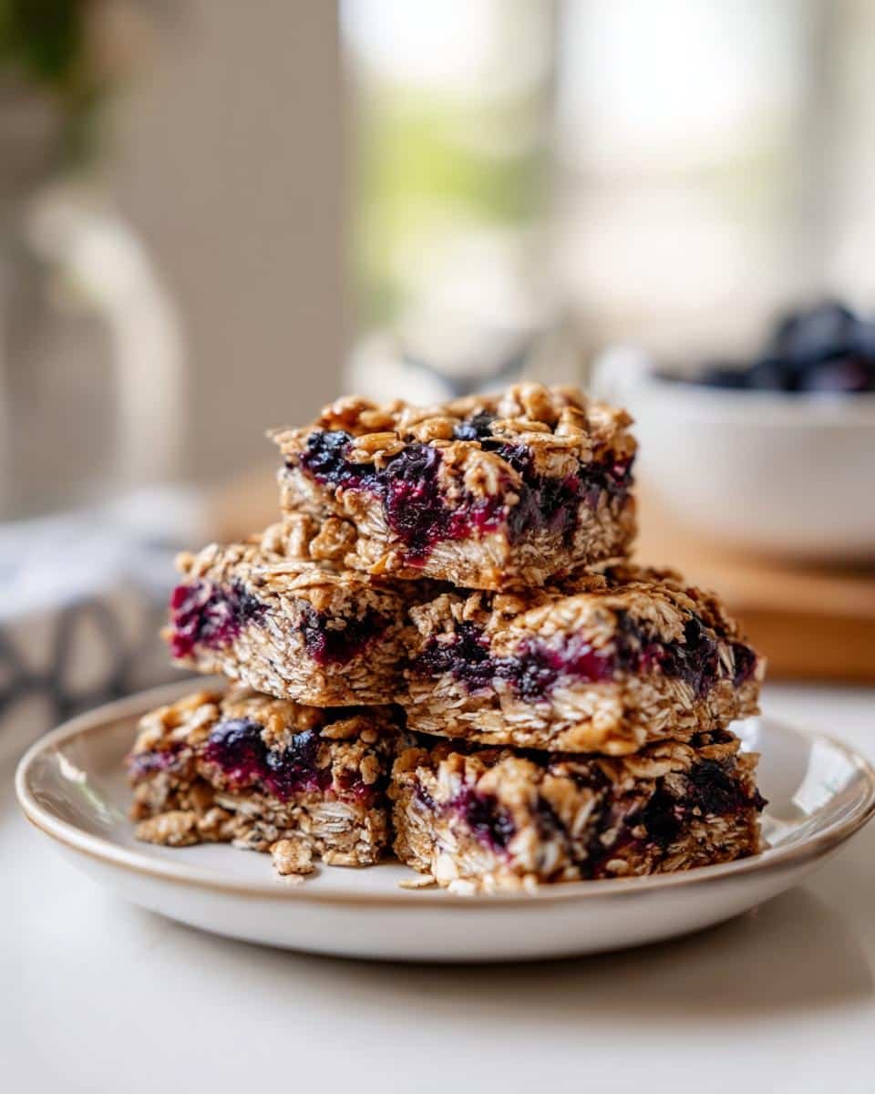 Irresistible No Bake Blueberry Oat Bars in Just 2 Hours 9 A stack of homemade No Bake Blueberry Oat Bars on a plate, showcasing the blueberry filling and oat layers.