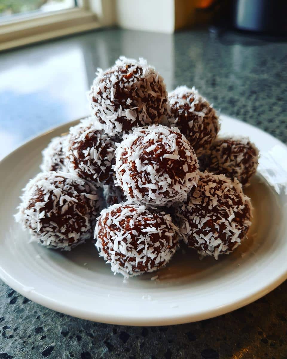 Easy No-Bake Dubai Chocolate Balls Recipe: Just 5 Items 6 A stack of No-Bake Dubai Chocolate Balls coated in shredded coconut on a white plate.