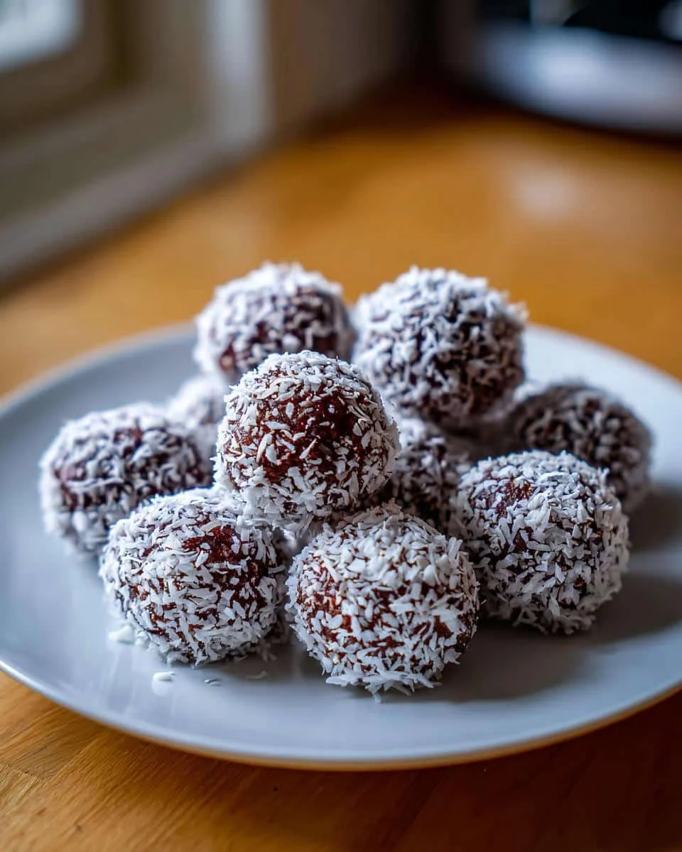 Easy No-Bake Dubai Chocolate Balls Recipe: Just 5 Items 9 A plate of homemade No-Bake Dubai Chocolate Balls coated in shredded coconut.