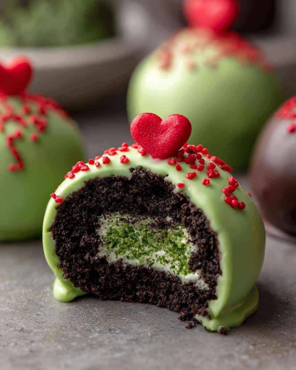 Easy No-Bake Grinch Oreo Truffles: 4 Steps to Joy 9 A cut No-Bake Grinch Oreo Truffle with a bite taken out, showing the Oreo and cream cheese filling.