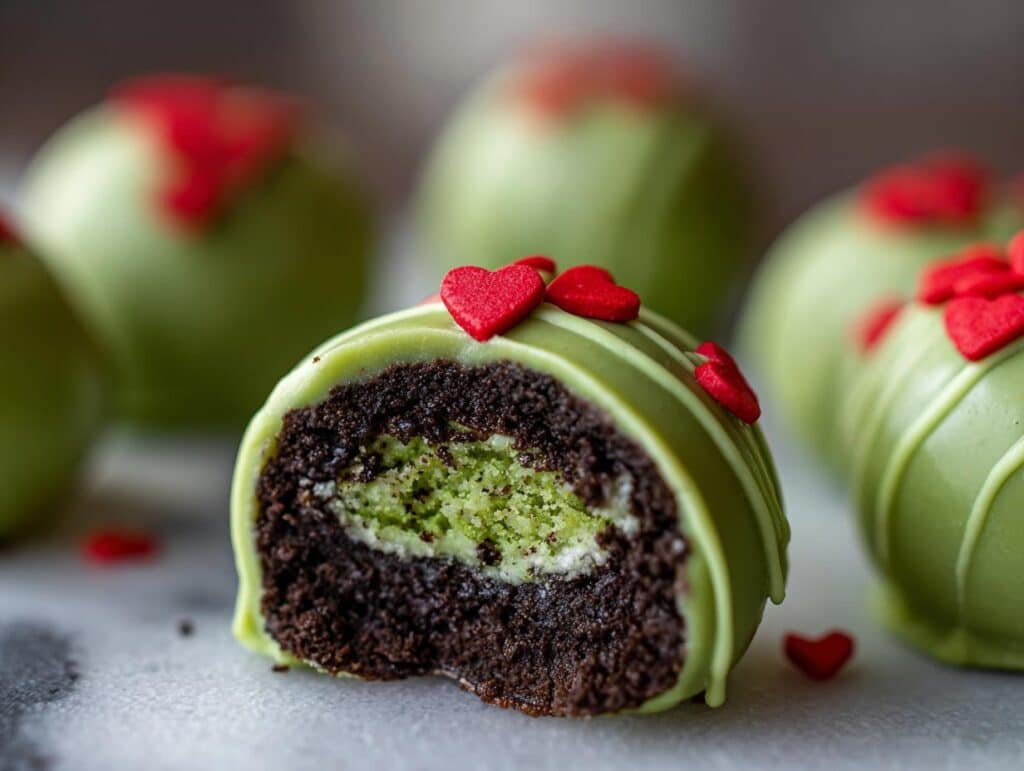 A cut open No-Bake Grinch Oreo Truffle showing the green center, chocolate cookie, and candy coating with red hearts.