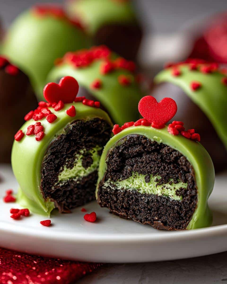 Easy No-Bake Grinch Oreo Truffles: 4 Steps to Joy 7 A No-Bake Grinch Oreo Truffle cut in half, showing the Oreo filling and green coating with heart sprinkles.