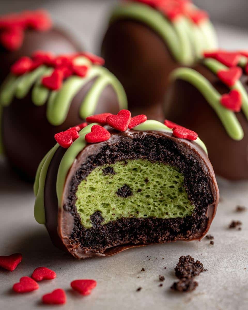 Easy No-Bake Grinch Oreo Truffles: 4 Steps to Joy 8 A cut No-Bake Grinch Oreo Truffle showing the green center, chocolate coating, and red heart sprinkles.