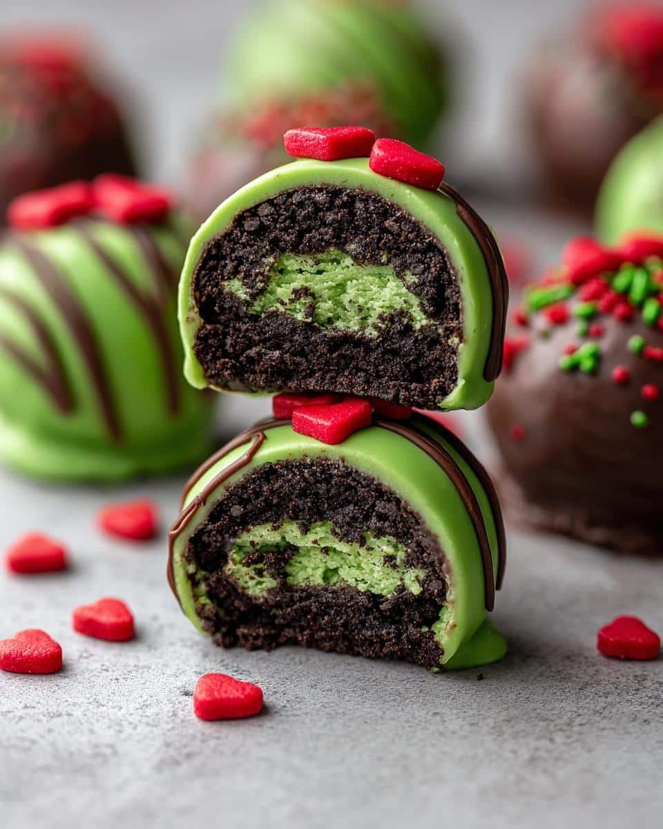 Easy No-Bake Grinch Oreo Truffles: 4 Steps to Joy 6 Two halves of a No-Bake Grinch Oreo Truffle stacked, showing the green center and chocolate coating.