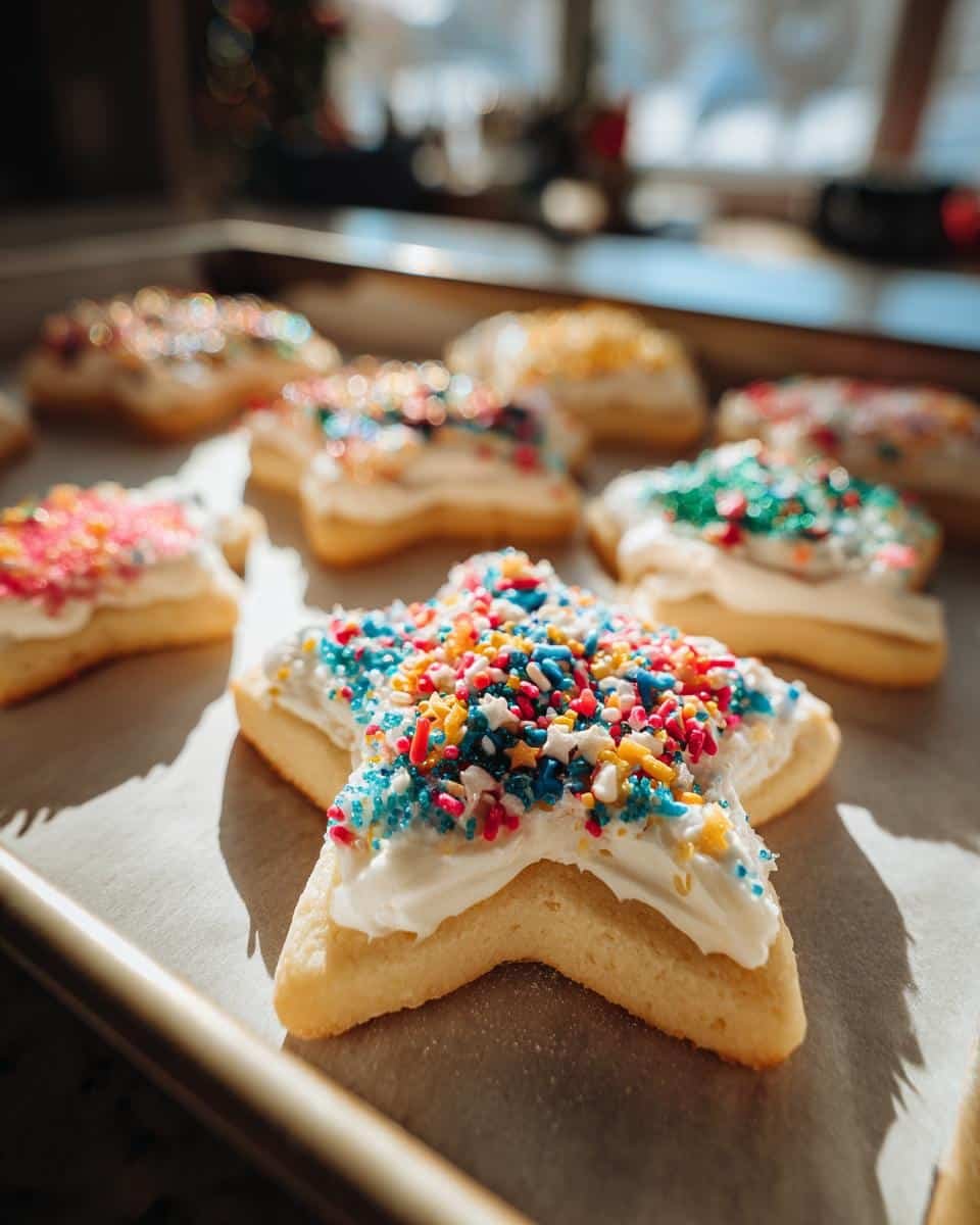 Fail-Proof: No Stick No Chill Christmas Cookie Dough Recipe 7 Star-shaped Christmas cookie with white frosting and colorful sprinkles, made with No Stick No Chill Christmas Cookie Dough.