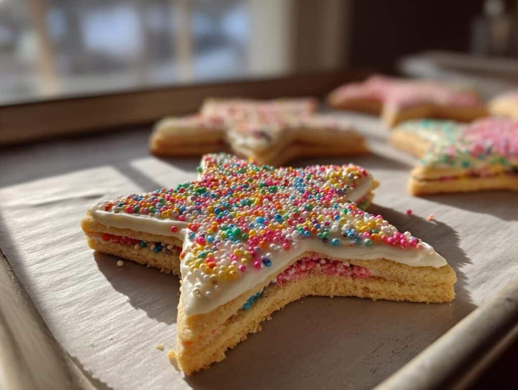Star-shaped No Stick No Chill Christmas Cookie Dough with white frosting and colorful sprinkles.