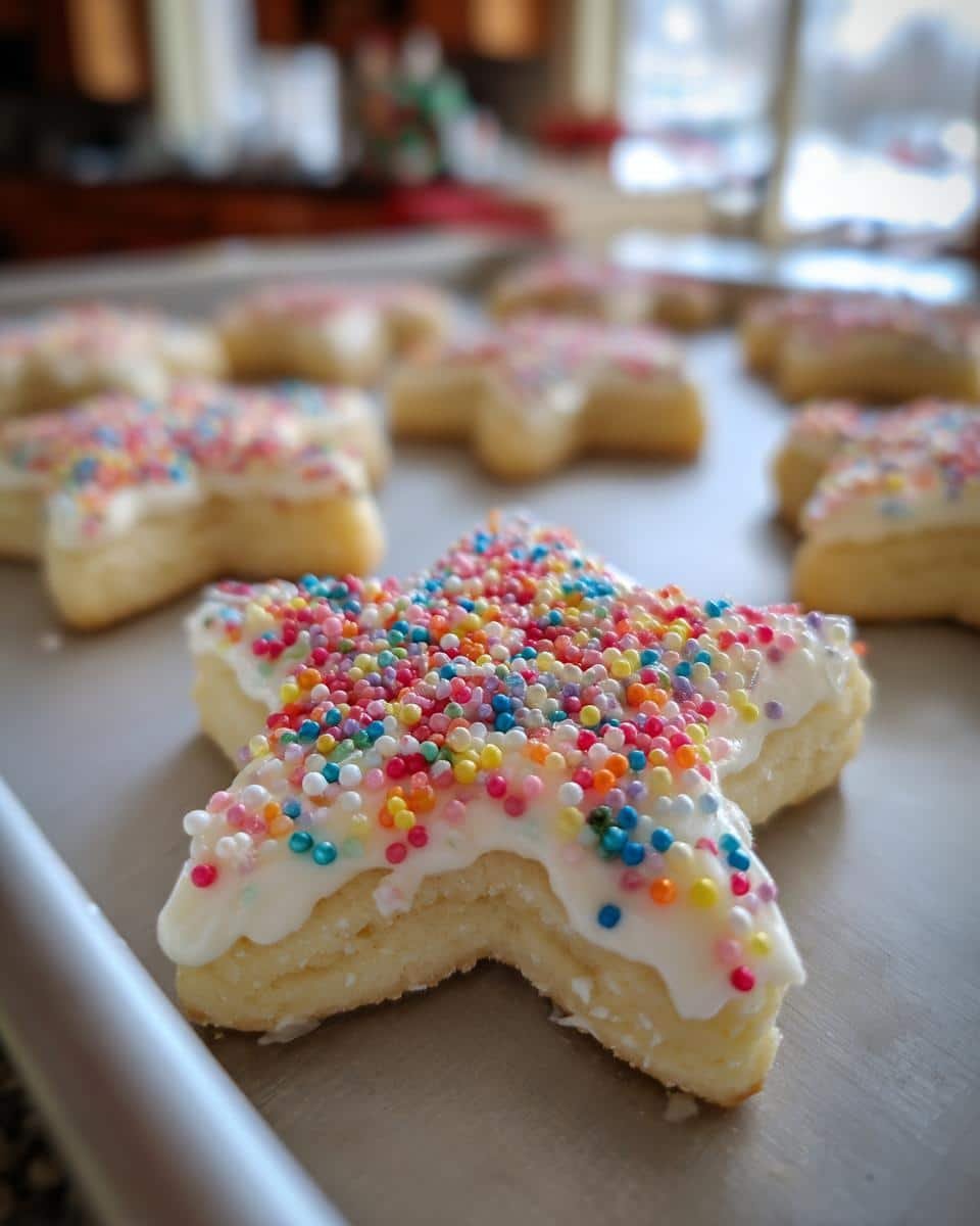 Fail-Proof: No Stick No Chill Christmas Cookie Dough Recipe 8 Star-shaped Christmas cookies with white frosting and colorful sprinkles, made with No Stick No Chill Christmas Cookie Dough.