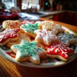 A plate of star-shaped Grandma's Old Fashioned Rolled Sugar Cookies decorated with colorful icing and sprinkles.