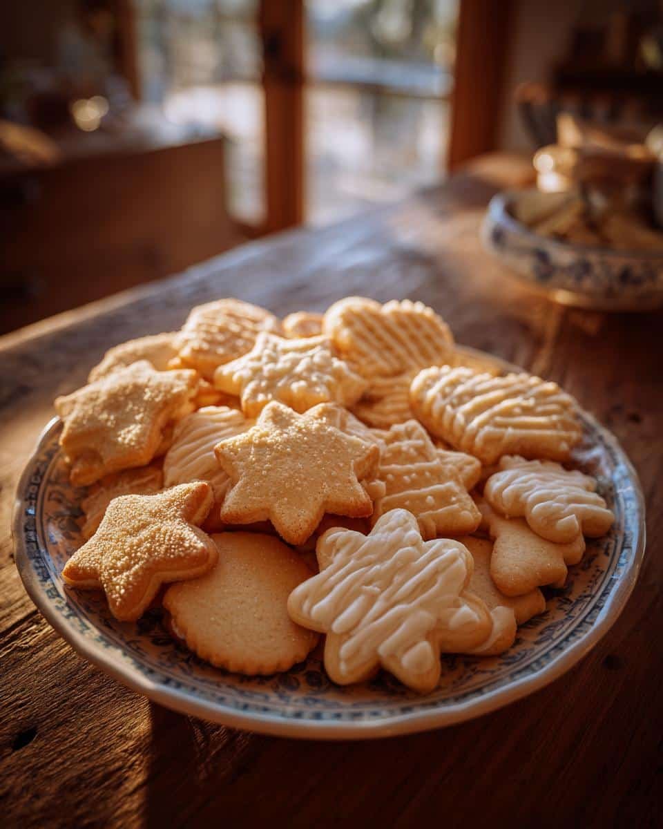 Grandma's Old Fashioned Rolled Sugar Cookies: Irresistible 6 A plate piled high with Grandma's Old Fashioned Rolled Sugar Cookies in star, heart, and round shapes.