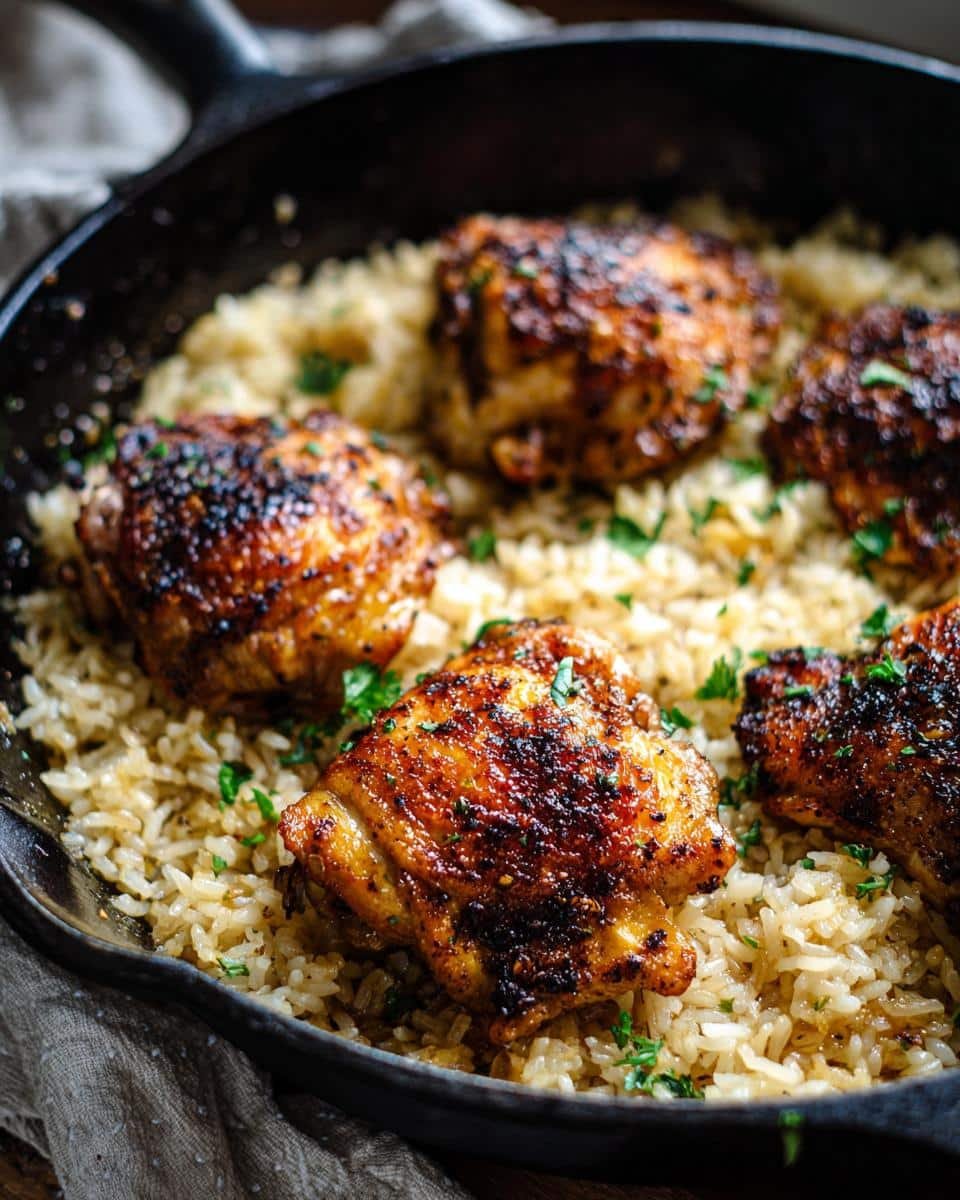 Easy One-Pan Honey Butter Garlic Chicken & Rice, a Disaster 7 Close-up of One-Pan Honey Butter Garlic Chicken & Rice in a skillet, garnished with parsley.