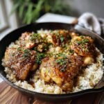 Close-up of One-Pan Honey Butter Garlic Chicken & Rice in a skillet, garnished with herbs.