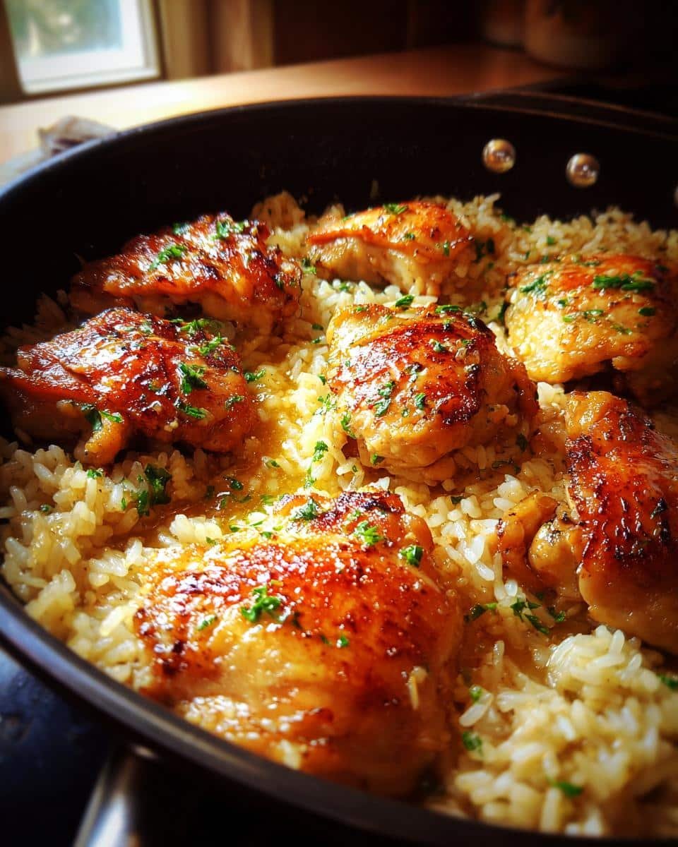 Easy One-Pan Honey Butter Garlic Chicken & Rice, a Disaster 8 Close-up of One-Pan Honey Butter Garlic Chicken & Rice in a pan, garnished with parsley.