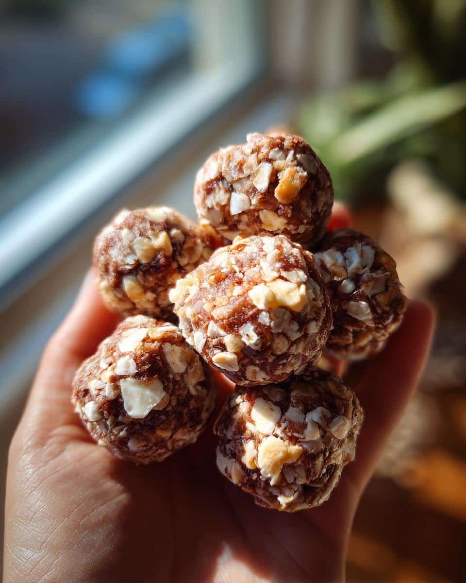 Easy No-Bake Peppermint Balls Recipe: 6 Steps to Bliss 9 A hand holding a stack of no-bake Peppermint Balls, coated with chopped nuts.