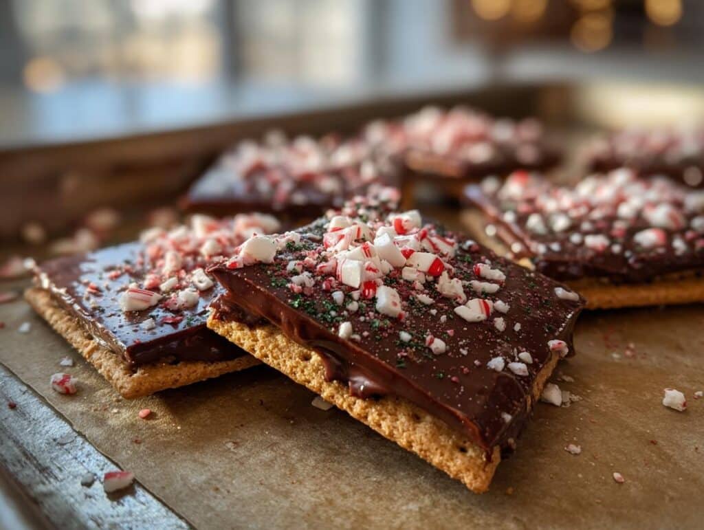 Close-up of Easy Peppermint Bark Graham Crackers with chocolate and crushed peppermint candies.