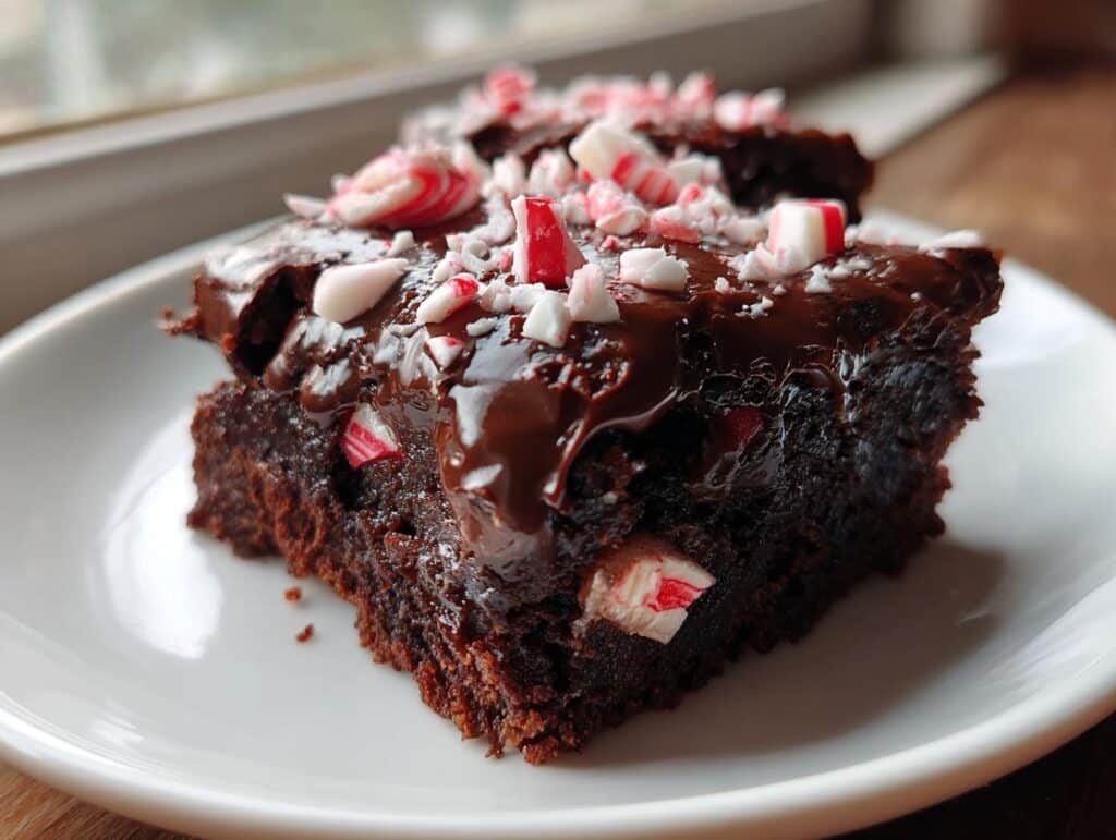 Close-up of a peppermint brownie with chocolate ganache and crushed candy canes on a white plate.