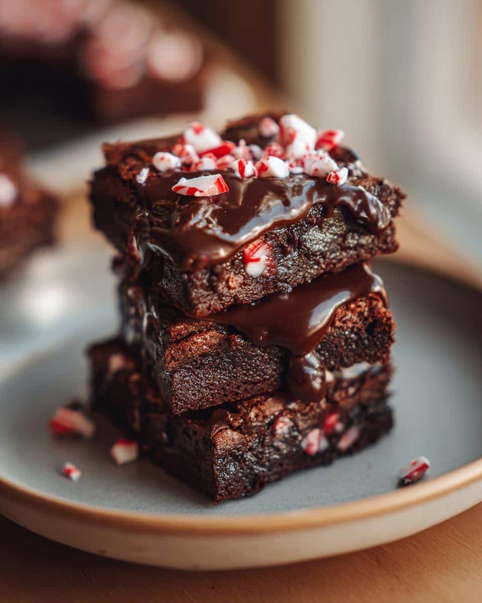 Easy One Bowl Peppermint Brownies: 4 Holiday Steps of Joy 8 A stack of three Easy One Bowl Peppermint Brownies with Chocolate Ganache and crushed peppermint candies.