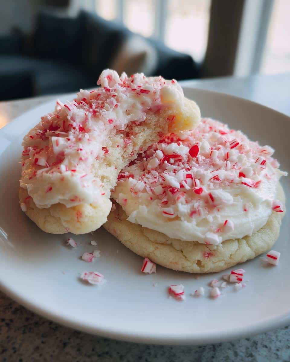 Fail-Proof Peppermint Meltaway Cookies Recipe 6 Two Peppermint Meltaway Cookies with Creamy Buttercream Frosting, one with a bite taken out, on a white plate.