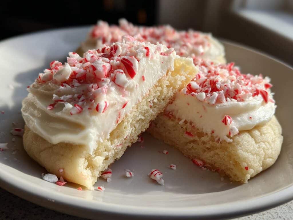 Close-up of Peppermint Meltaway Cookies with Creamy Buttercream Frosting and crushed candy canes on a white plate.