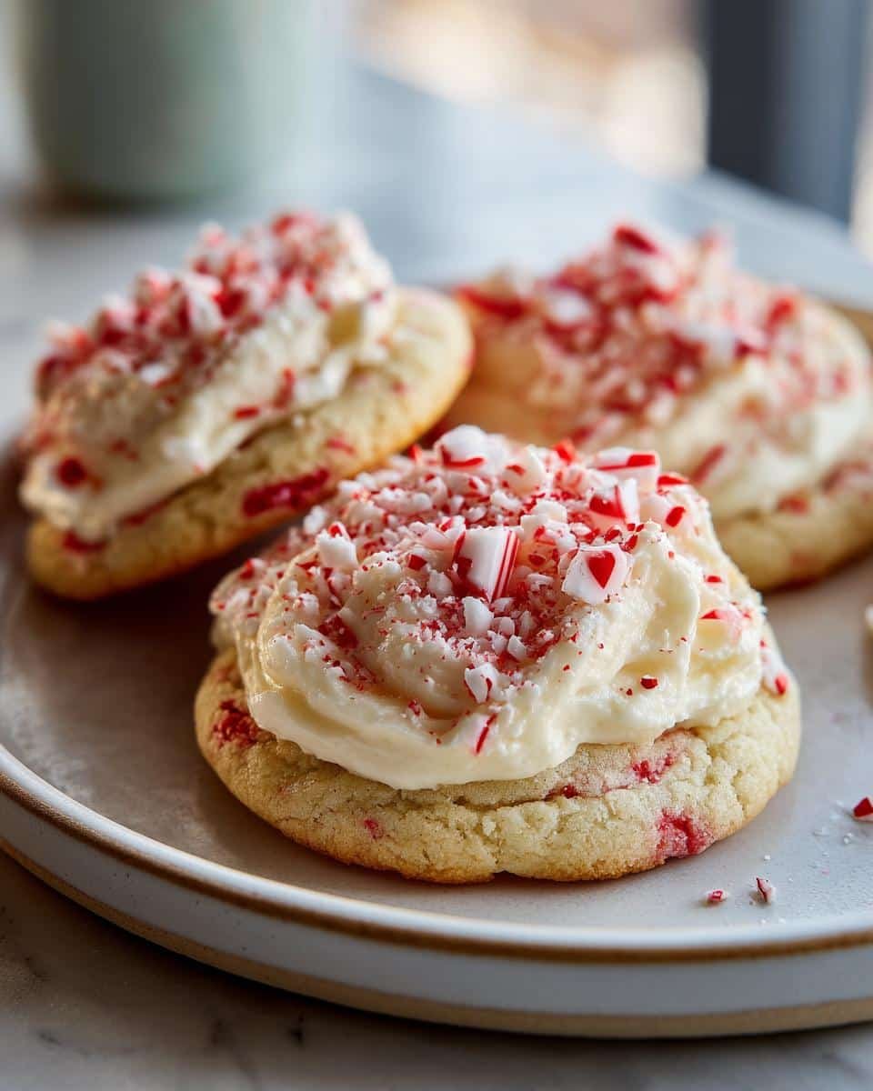 Fail-Proof Peppermint Meltaway Cookies Recipe 8 Three Peppermint Meltaway Cookies with Creamy Buttercream Frosting and crushed peppermint candies on a plate.