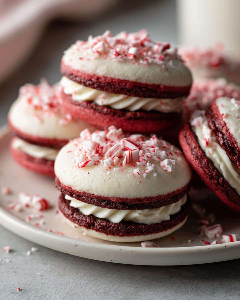 Fail-Proof Peppermint Meltaway Cookies Recipe 9 A stack of red Peppermint Meltaway Cookies with Creamy Buttercream Frosting, topped with crushed peppermint candy.