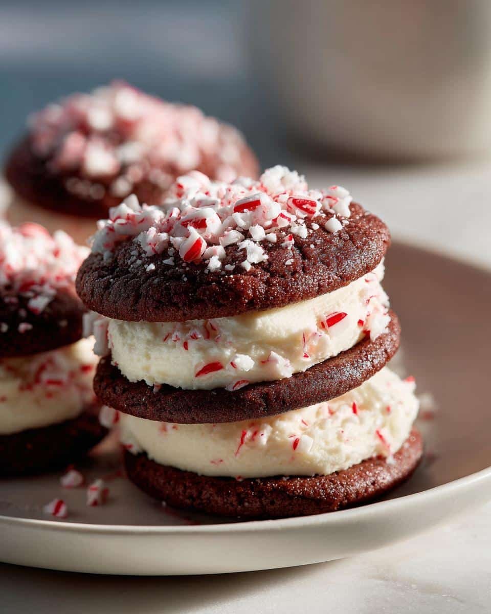 Fail-Proof Peppermint Meltaway Cookies Recipe 7 A stack of peppermint meltaway cookies with creamy buttercream frosting and crushed peppermint candy.