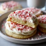 Stacked Peppermint Meltaway Cookies with Creamy Buttercream Frosting and crushed candy canes on a plate.
