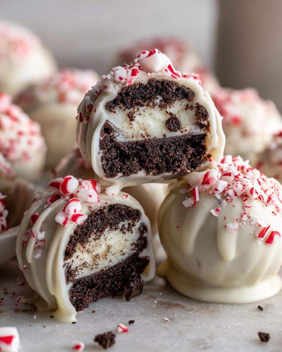 Peppermint Oreo Balls Recipe: 5 Irresistible Steps 8 Close-up of a cut Peppermint Oreo Balls Recipe, showing the Oreo and cream cheese filling, coated in white chocolate and peppermint.